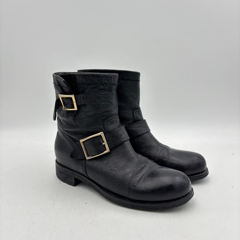Jimmy Choo Biker Moto Boots Women's 38.5/8.5 Leather Buckle Boho